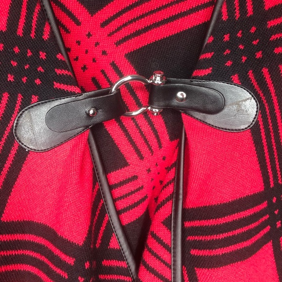 Talbots Leather Tab Country Plaid Ruana Wrap Faux Leather Trim Sz M/L Red Black - Picture 4 of 14